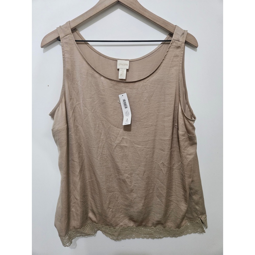 Chico's Lace Trim Cami Tank Top Sonora Sand Beige Size 3 Petite NEW